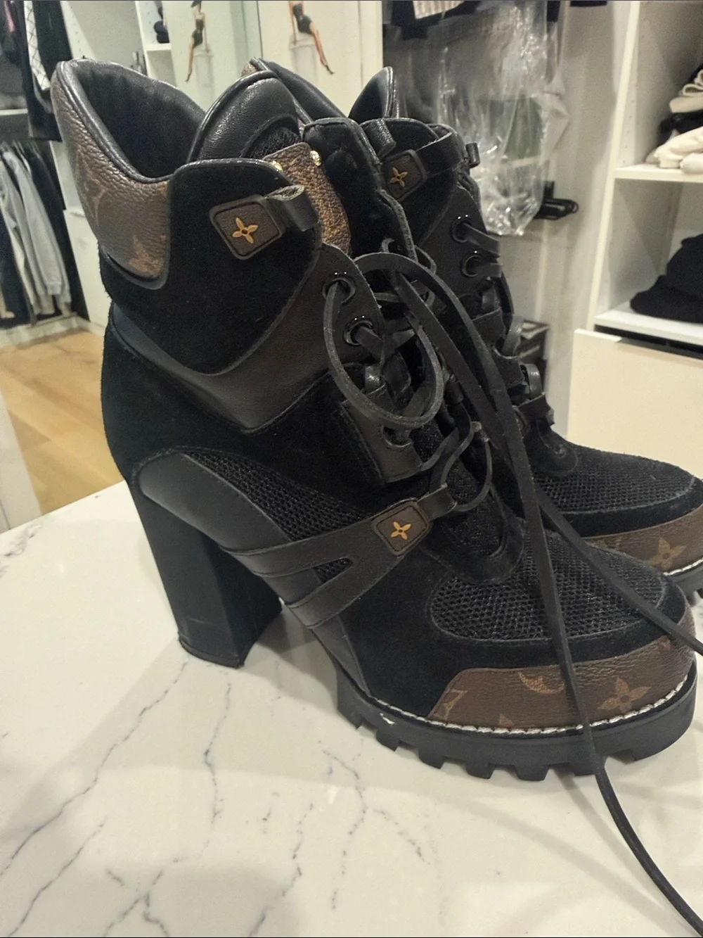 Women’s Black and Brown Lace-Up Heeled Bootie